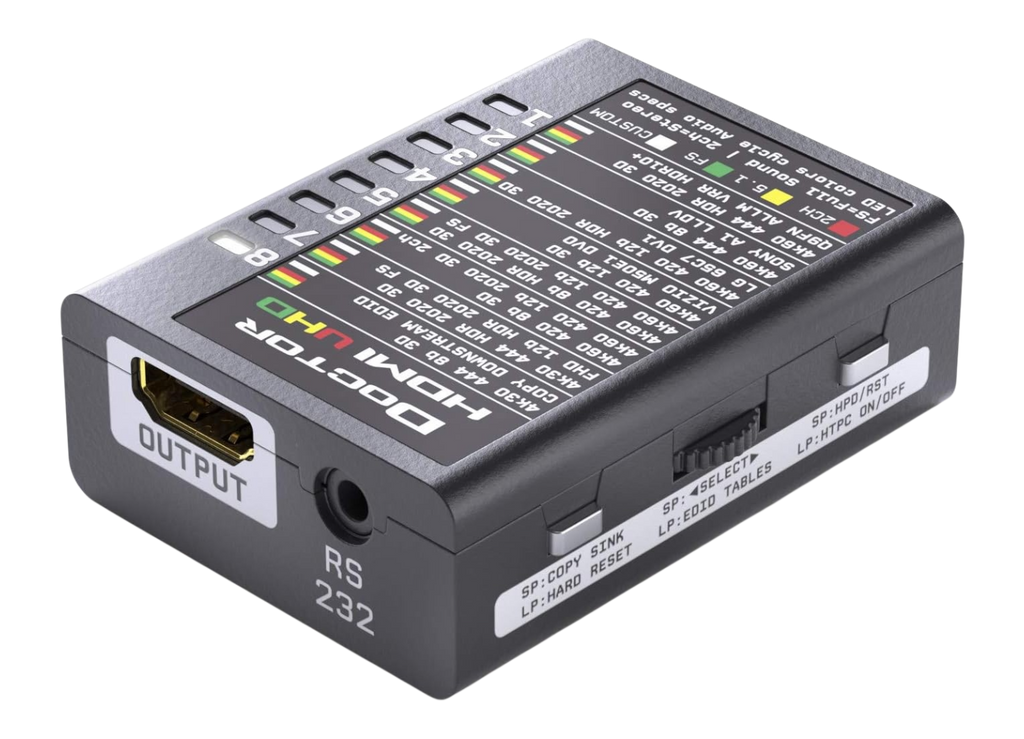 Dr HDMI 4K von der Ausgangsseite, mit der UHD-EDID-Banktabelle auf der Oberseite des Geräts