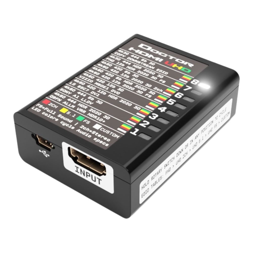 Eingangsseite des Dr HDMI 4K mit HDMI-Eingang, Mini-USB-Anschluss und der UHD-EDID-Tabelle oben