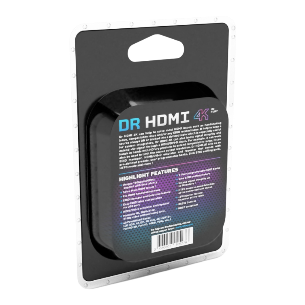 Verpackung des Dr HDMI 4K, Rückseite, mit den technischen Daten