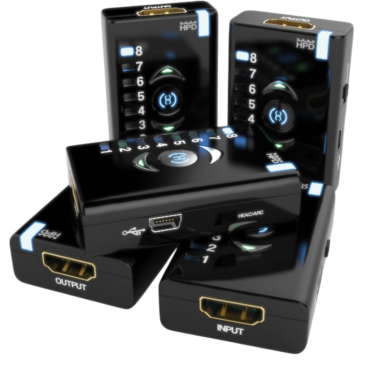 Fünf Dr HDMI aus verschiedenen Blickwinkeln mit HDMI-Eingang, -Ausgang, Mini-USB-Anschluss und HEAC/ARC-Schalter